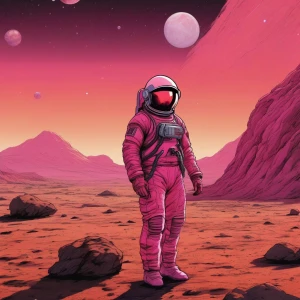 A lone female astronaut in a slightly damaged, high-tech pink sp...
