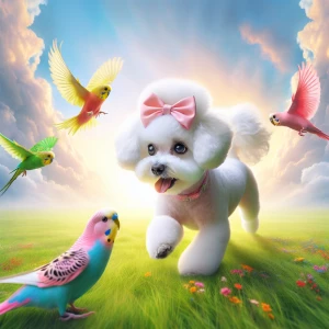 A bichon Frise with two pink bows on her ears with a short hair...