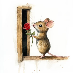 Mouse peeking out of a small door opening, door opens to the lef...