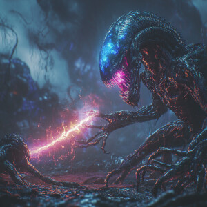 A repulsive alien queen with slimy, tentacle-like appendages, co...