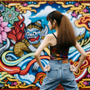 Attractive, Asian teenage girl, long brown hair and bangs, wearing tight skinny jeans and a halter top paint marks on her clothing, backside view heroic pose Asian graffiti