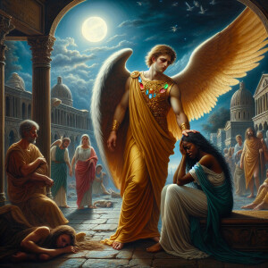 Create an oil painting image featuring a male angel and a grievi...