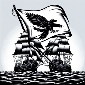 One ship is moored to another ship, on which hangs a flag with t...