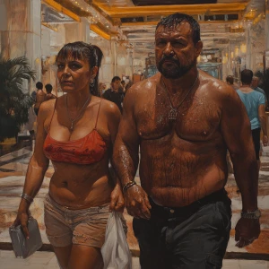 Hyperrealistic painting.A sweaty beefy man walking with his 54 y...