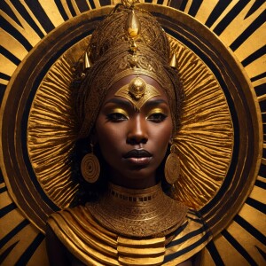 Hypnotic ritual African goddess made of gold and ebony in a fant...