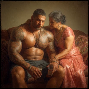 Realism,digital  painting.a muscular beefy sweaty tattoed indian...
