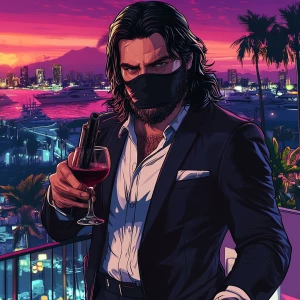 A man with long, dark hair and a beard, wearing a black suit and...