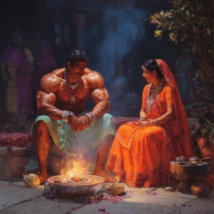 Hyperrealistic painting.a beefy muscular sweaty criminal gujarat...