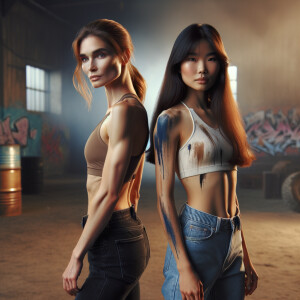 Athletic Thin skinny Attractive, Asian teenage girl, long brown hair and bangs, wearing tight skinny jeans and a halter top paint marks on her clothing, heroic pose Asian graffiti background, backside view