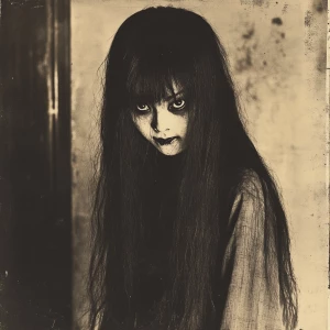 Old grainy photo of a horrific Japanese yurei with dark black ha...