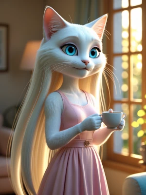 Create a 3D render of an anthropomorphic white female cat charac...