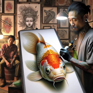 "Depict an anthropomorphic koi fish seated in a tattoo parlor, e...