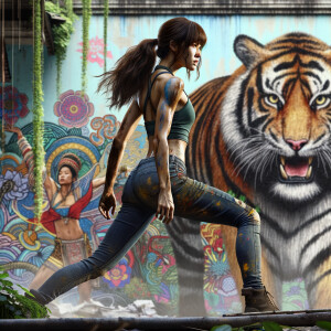 Athletic Thin skinny Attractive, Asian teenage girl, long brown hair and bangs, wearing tight skinny jeans and a halter top paint marks on her clothing, heroic pose Asian graffiti background, side view