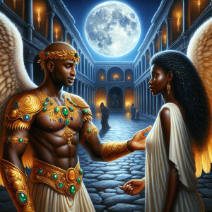 Create an oil painting image featuring a male angel and a grievi...