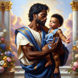 Classical oil painting style depicting an African-American Jesus...