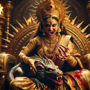 portrait of angry looking indian goddess sitting on a gold crown and carrying a weak mahishasur on her lap and poking him with her amazingly long red fingernails. She is wearing gold armor, a huge gold crown, gold saree, abundant  gold jewelry, covered in blood. The scene is set in ancient India. The image is 8K resolution, cinematic, photography, ultra detailed face and epic.