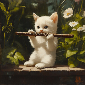 white kitten playing a small flute the size of a cat on the gard...