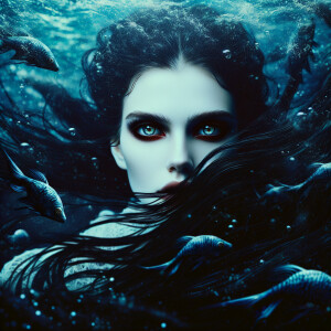 A mermaid with pale skin and cold eyes. Long dark hair. Floating...