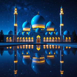 Create an image of a grand mosque featuring glowing blue domes,...