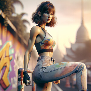 Athletic Thin skinny Attractive, Asian teenage girl, long brown hair and bangs, wearing tight skinny jeans and a halter top paint marks on her clothing, heroic pose Asian graffiti background, side view