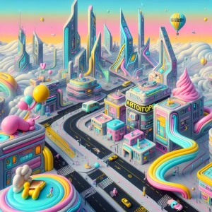 A high-angle colorful illustration of a surreal cartoon city cal...