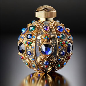 Create a 3-D realistic gold and blue, colorful jewels perfume b...