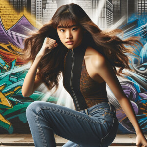 teenage girl, long brown hair and bangs, wearing tight skinny jeans and a halter top paint marks on her clothing, heroic pose Asian graffiti background, nearing on one knee