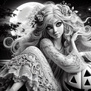 whimsical alluring female ghost , large expressive eyes, ornate...