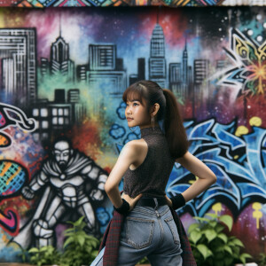 Attractive, Asian teenage girl, long brown hair and bangs, wearing tight skinny jeans and a halter top paint marks on her clothing, backside view heroic pose Asian graffiti