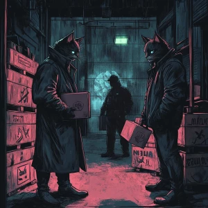 A shady cat in a trench coat exchanging a briefcase with another...