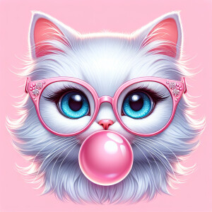 A white female cat with blue eyes blowing a pink bubble from bub...