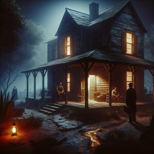 Two men and one woman are in a dark old dirty house at night