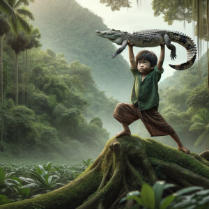 A young jungle boy at the age of five holding a crocodile above his head, standing over a large forest on top of a mountain, photorealistic