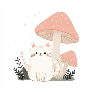 Cat under mushroom, kawaii style, pastels, white background