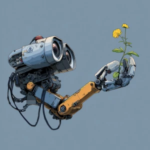 Wall-E robot's hand (arm) touches a flower with a green stem and...