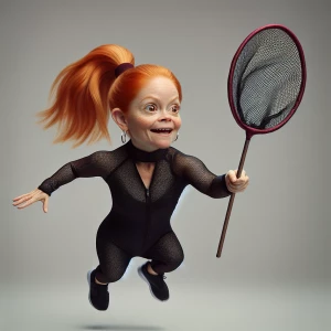 Ginger haired ponytail petite  woman in black facing camera  fly...