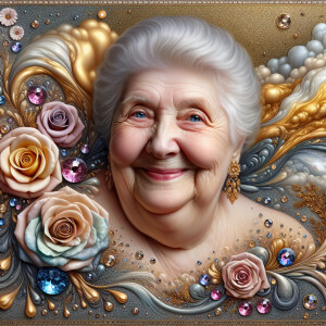 A horizontal portrait of a thi, smiling heavier curvy
set 80-ye...