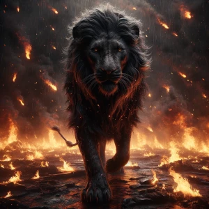 A colossal Black Lion, fur rippling with obsidian-like sheen, ve...