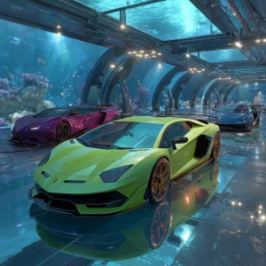 A breathtaking, high-end underwater garage bathed in shimmering...