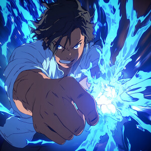 (anime, flat animation:1.2), action, dynamic pose, clenched fist...