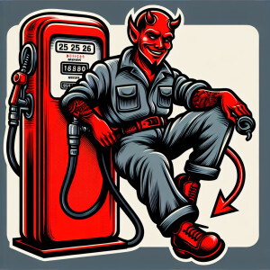A 1950s design red devil in a grey mechanics jumpsuit leaning on...