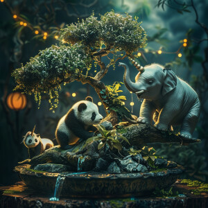 A baby elephant using its trunk to water a bonsai tree, while a...