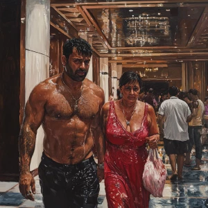 realistic painting.A sweaty beefy man walking with his 54 year o...