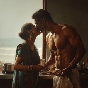 Hyperrealism painting.a muscular sweaty indian  man  standing an...