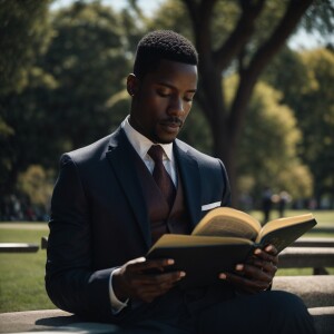 Create an image of a black man reading the Holy Bible. He wears...