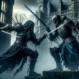 Undead black knight sword fighting a blue and black knight in front a undead castle