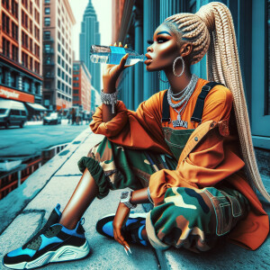 Street art style tan skin tone woman sitting on the sidewalk dri...