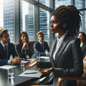 Describe a sophisticated Black woman with a caramel 
complexion, styled locs, and a sleek business suit, leading 
a boardroom discussion on environmental sustainability in 
a sleek urban office building."