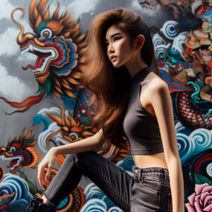 Very thin Athletic Thin skinny Attractive, Asian teenage girl, long brown hair and bangs, wearing tight skinny jeans and a halter top paint marks on her clothing, sitting side view heroic pose Asian graffiti