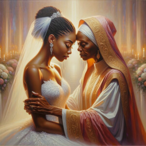 Imagine a hyper-realistic oil painting that captures a tender moment between theAfrican American bride and her God. The setting is intimate and filled with soft, warm lighting that enhances the emotional depth of the scene. The bride, in herexquisite wedding gown, shares a heartfelt embrace with her african-American Lord Jesus , who is dressedin an elegant outfit that complements the wedding's color scheme. Their expressions are full of love, pride, and joy, reflecting the special bond between them. Theattention to detail is paramount, from the intricate designs of their dresses to the subtle emotions conveyed in their facial expressions. The background is a blur ofgentle pastel hues, ensuring that the focus remains on this touching moment. Thispainting should convey the warmth, love, and depth of the relationship, with the rich textures and vibrant strokes characteristic of oil paintings, capturing the essence of this significant pre-wedding moment.